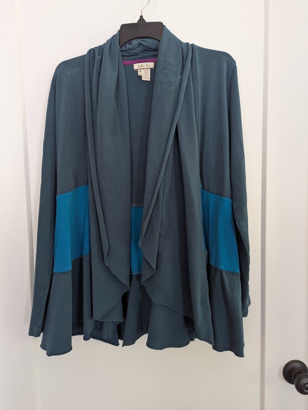 Matilda Jane Large Blue Green Purple Dot Open Front Knit Cardigan Distressed Hem